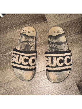 Women's Gg Beige Black Logo Slide Sandals Size 6.5